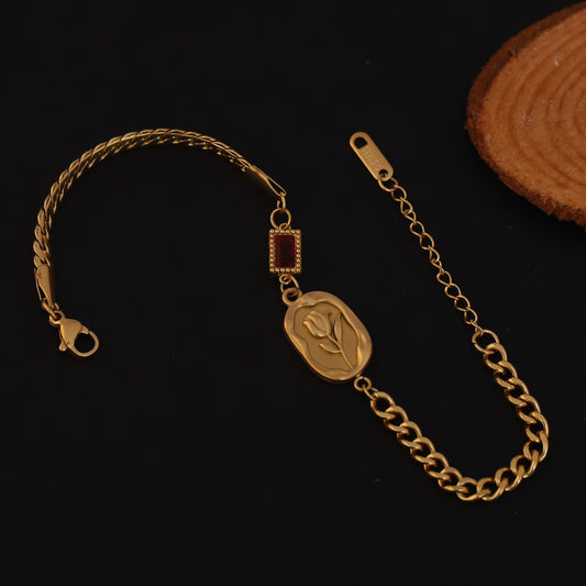 Rose Charm Red Stone Chain Bracelet Gold Plated – Double Layer, Anti-Tarnish, Waterproof, Minimalist Style (GOLD)