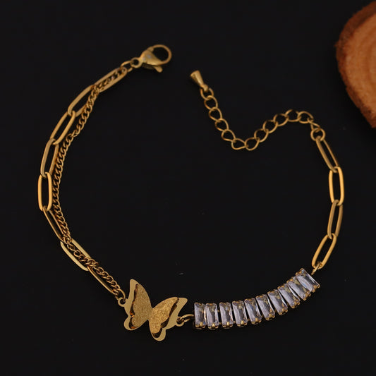 Butterfly White Color Stones Chain Bracelet Gold Plated – Single Layer, Anti-Tarnish, Waterproof, Minimalist Style (GOLD)