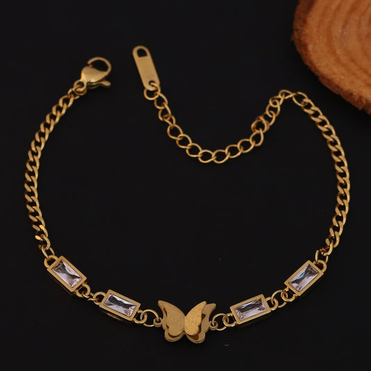 Butterfly Charms White Stones Chain Bracelet Gold Plated – Single Layer, Anti-Tarnish, Waterproof (GOLD)