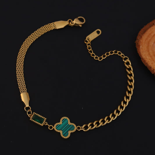 Charms Green Stone Chain Bracelet Gold Plated – Single Layer, Anti-Tarnish, Waterproof (GOLD)