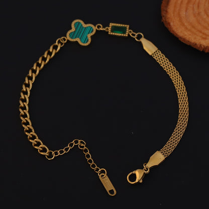 Charms Green Stone Chain Bracelet Gold Plated – Single Layer, Anti-Tarnish, Waterproof (GOLD)
