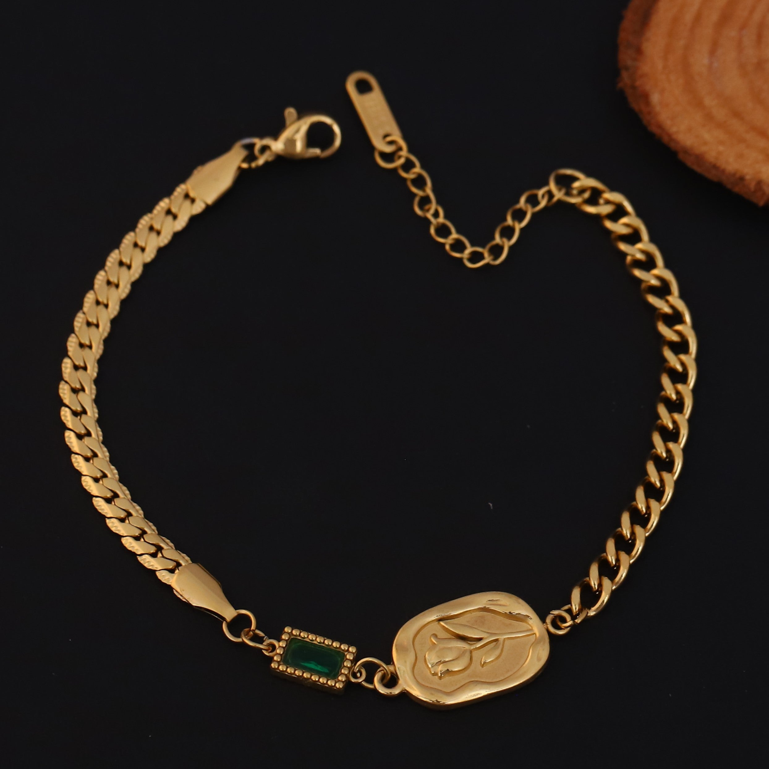 Rose Green Stone Chain Bracelet Gold Plated – Single Layer, Anti-Tarnish, Waterproof (GOLD)