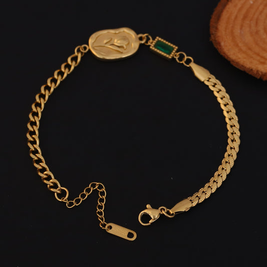 Rose Green Stone Chain Bracelet Gold Plated – Single Layer, Anti-Tarnish, Waterproof (GOLD)
