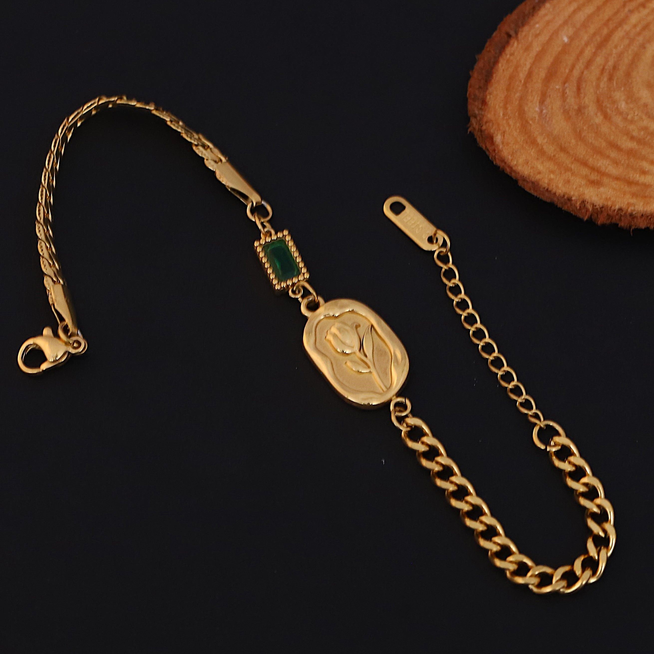 Rose Green Stone Chain Bracelet Gold Plated – Single Layer, Anti-Tarnish, Waterproof (GOLD)