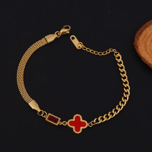 Charms Red Stone Chain Bracelet Gold Plated – Single Layer, Anti-Tarnish, Waterproof (GOLD)