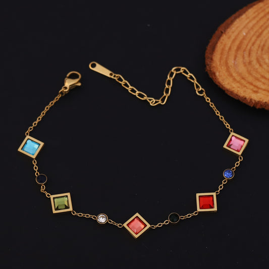 Zircon Stones Multicolor Chain Bracelet Gold Plated – Single Layer, Anti-Tarnish, Waterproof(GOLD)