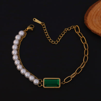 Green Stone Pearl Chain Bracelet Gold Plated – Double Layer, Anti-Tarnish, Waterproof, Minimalist Style (GOLD)