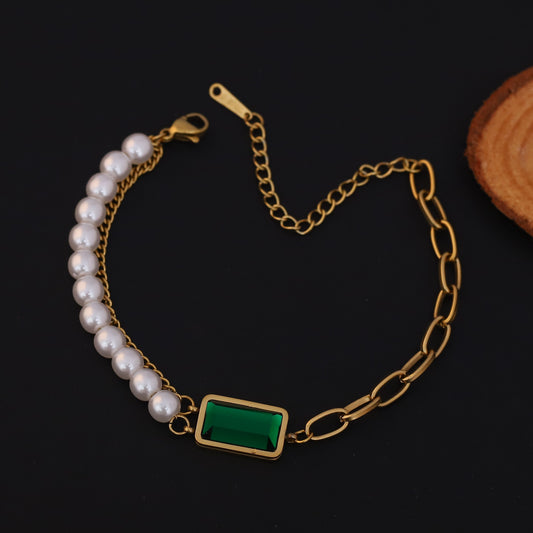Green Stone Pearl Chain Bracelet Gold Plated – Double Layer, Anti-Tarnish, Waterproof, Minimalist Style (GOLD)