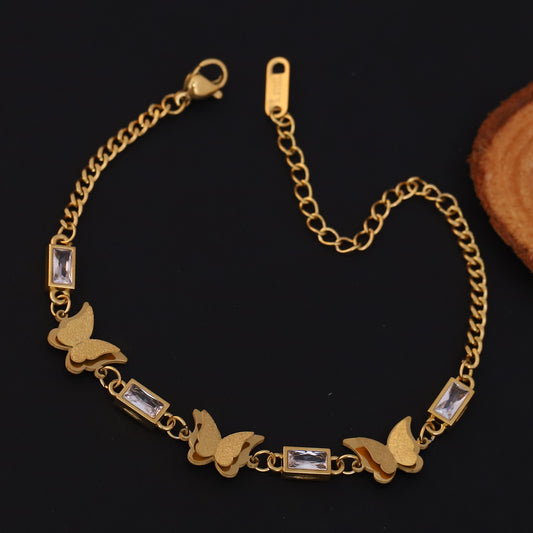 Butterfly Charms White Stones Chain Bracelet Gold Plated – Single Layer, Anti-Tarnish, Waterproof (GOLD)