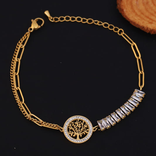 Life Tree White Color Stones Chain Bracelet Gold Plated – Single Layer, Anti-Tarnish, Waterproof, Minimalist Style (GOLD)