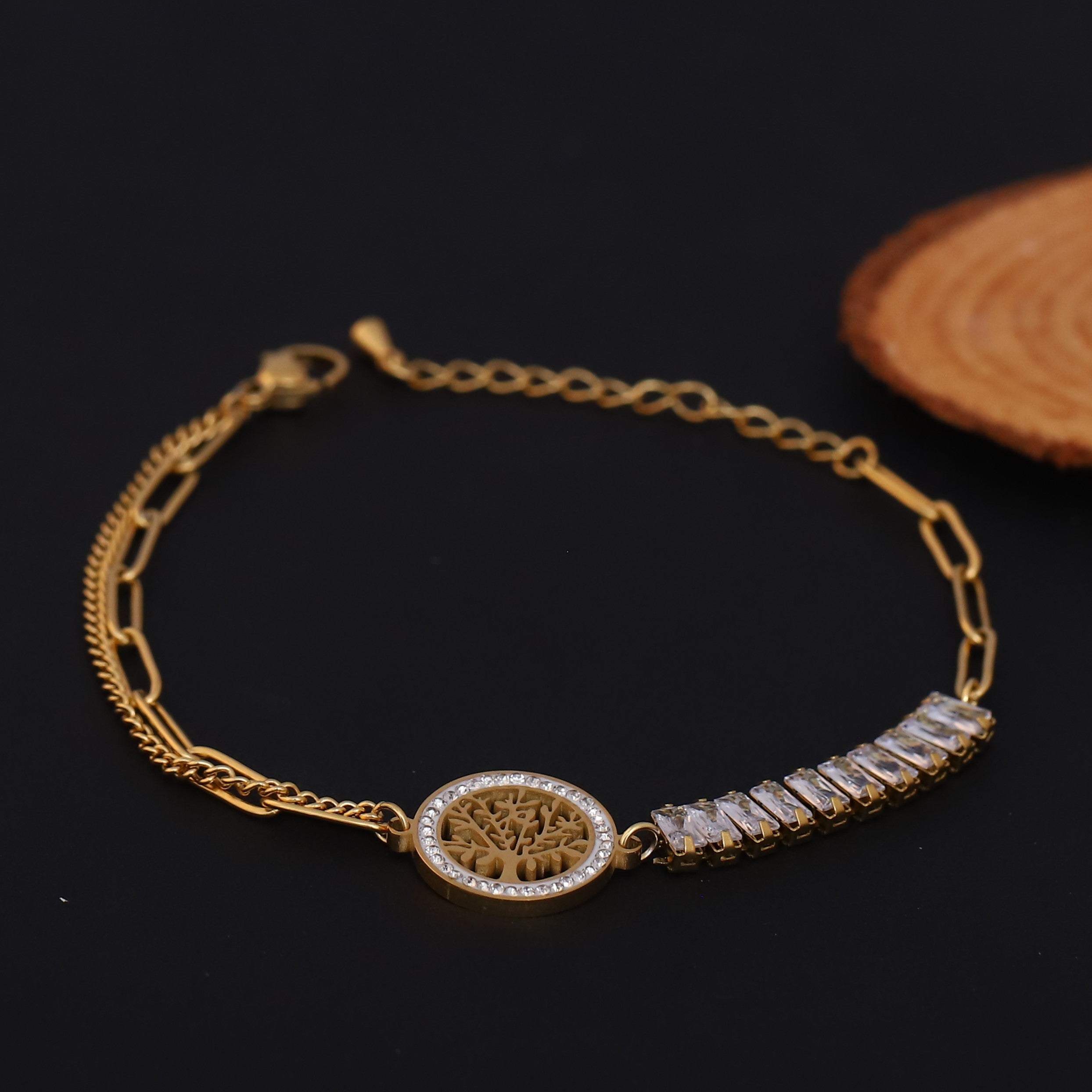 Life Tree White Color Stones Chain Bracelet Gold Plated – Single Layer, Anti-Tarnish, Waterproof, Minimalist Style (GOLD)