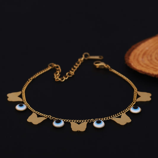 Butterfly Evil Eye Charms Chain Bracelet Gold Plated – Single Layer, Anti-Tarnish, Waterproof, Minimalist Style (GOLD)