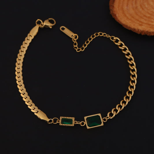 Charms Green Stones Chain Bracelet Gold Plated – Single Layer, Anti-Tarnish, Waterproof (GOLD)