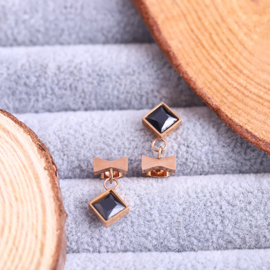 Trendy Black Stone Earrings – Gold Plated, Anti-Tarnish, Waterproof, Everyday Minimalist Jewelry (ROSE GOLD)