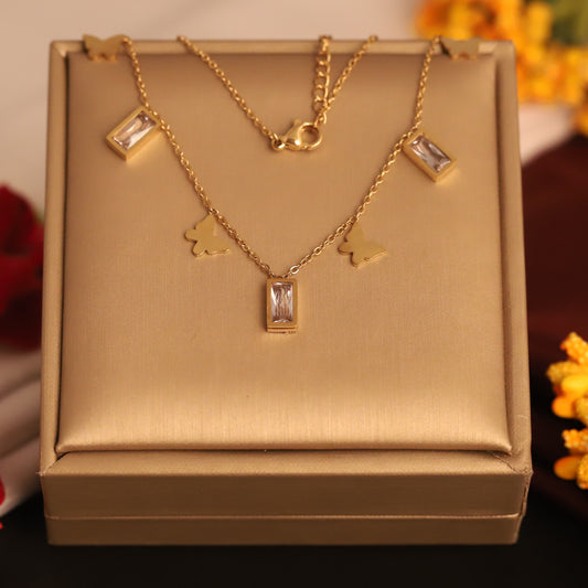 Butterfly Charms White Stones Chain Gold Plated – Single Layer, Anti-Tarnish, Waterproof, Minimalist Style (GOLD)