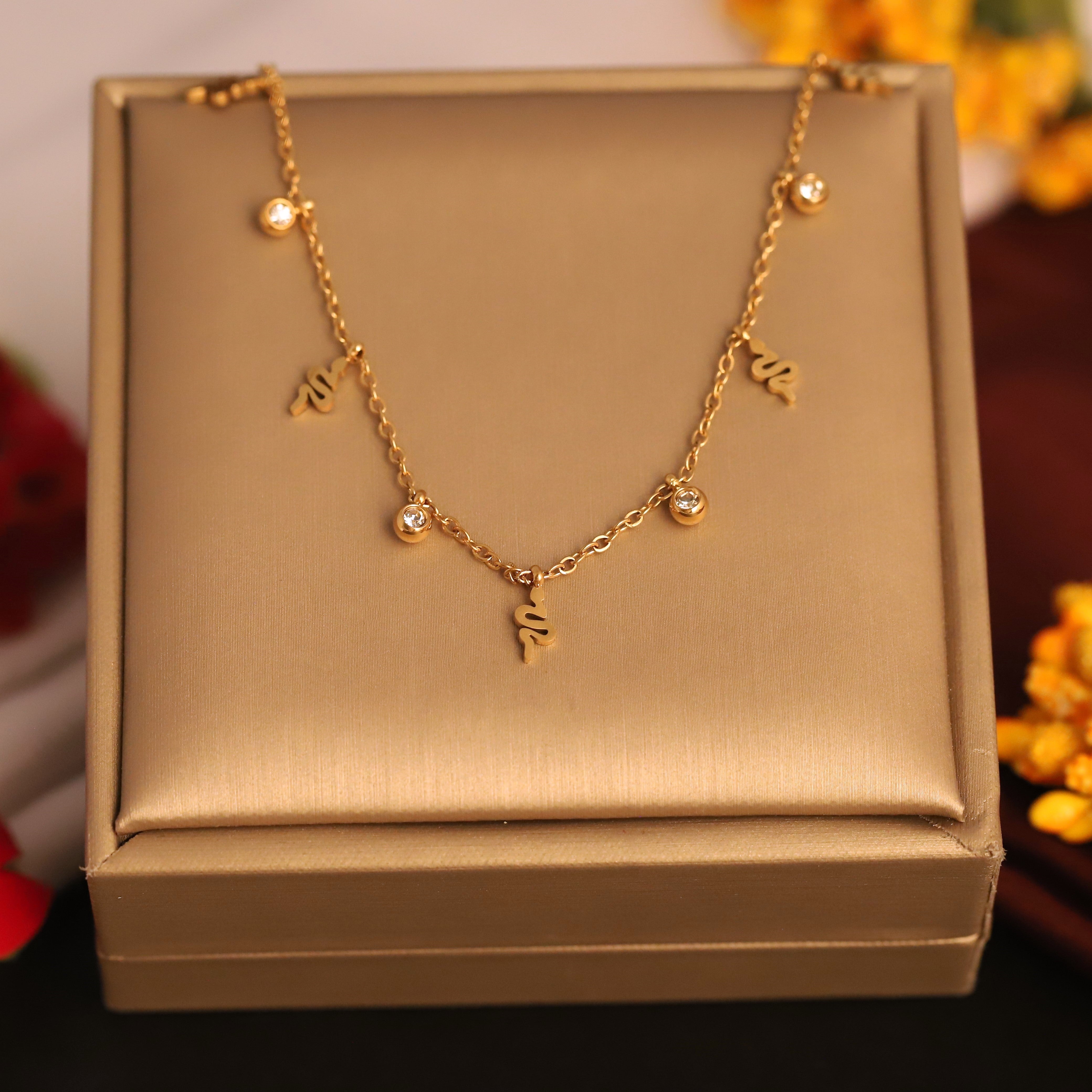 Snake Charms White Stones Chain Gold Plated – Single Layer, Anti-Tarnish, Waterproof, Minimalist Style (GOLD)