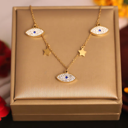 Evil Eye Charms White Stones Chain Gold Plated – Single Layer, Anti-Tarnish, Waterproof, Minimalist Style (GOLD)