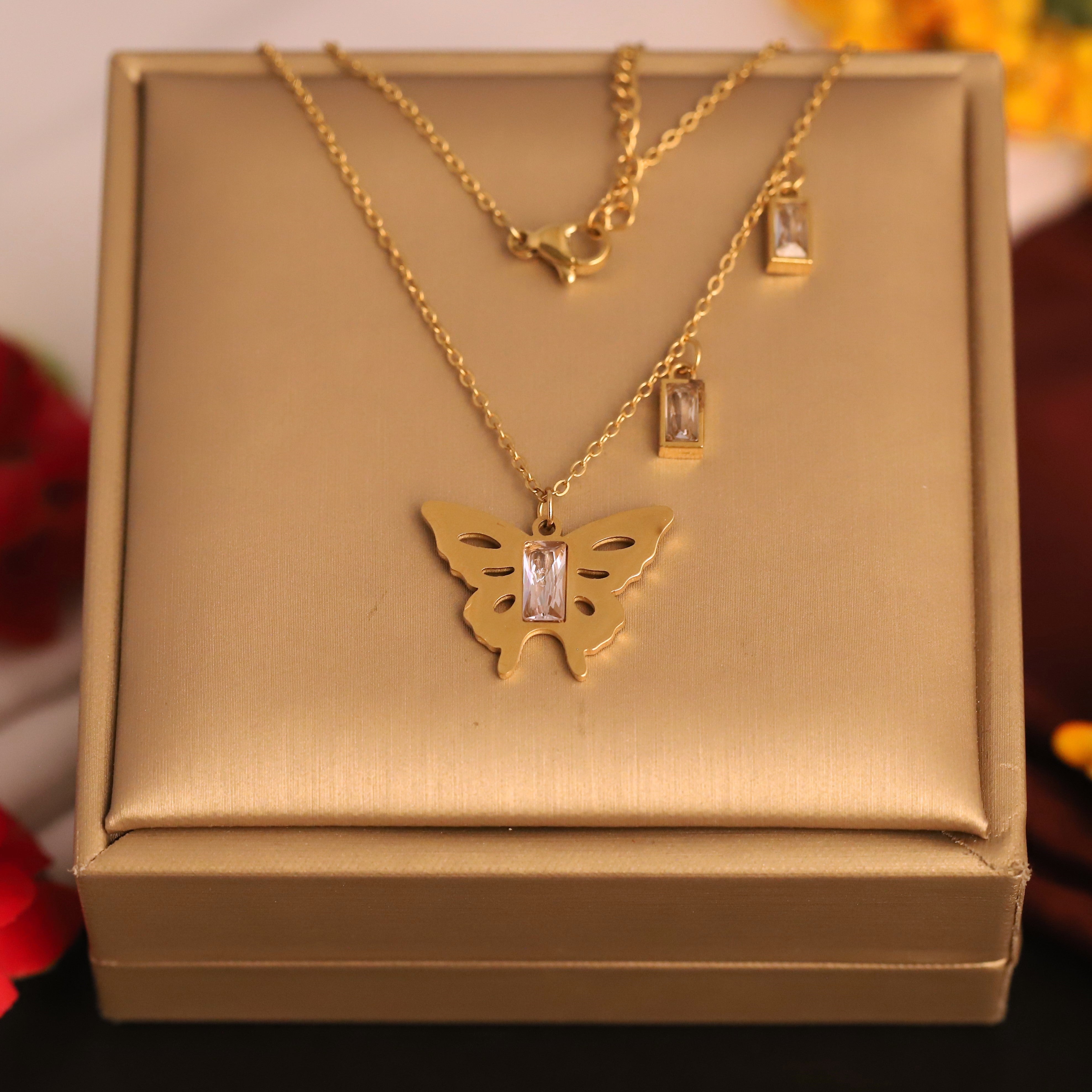 Butterfly Charm white Stones Chain Gold Plated – Single Layer, Anti-Tarnish, Waterproof, Minimalist Style (GOLD)