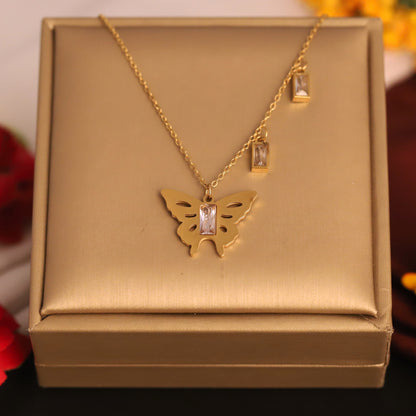 Butterfly Charm white Stones Chain Gold Plated – Single Layer, Anti-Tarnish, Waterproof, Minimalist Style (GOLD)