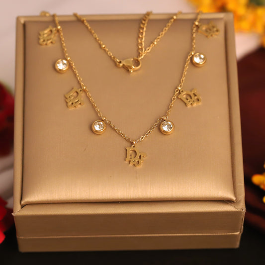 Flower Charms White Stones Chain Gold Plated – Single Layer, Anti-Tarnish, Waterproof, Minimalist Style (GOLD)