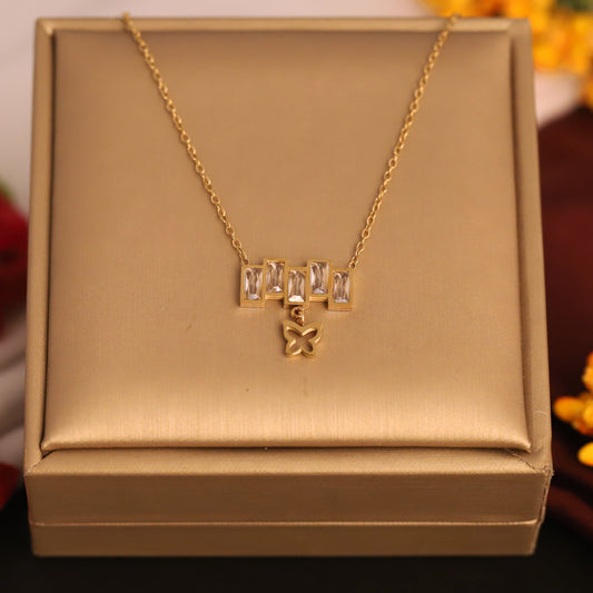 Butterfly White Stones Chain Gold Plated – Single Layer, Anti-Tarnish, Waterproof, Minimalist Style (GOLD)