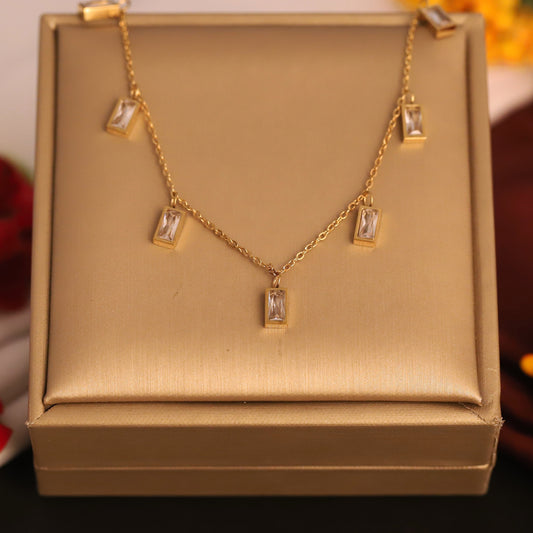 Block White Stone Charms Chain Gold Plated – Single Layer, Anti-Tarnish, Waterproof, Minimalist Style (GOLD)