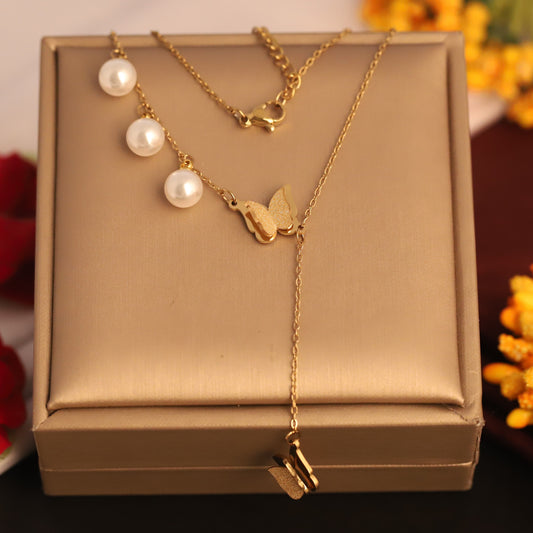 Butterfly Pearl Chain Gold Plated – Single Layer, Anti-Tarnish, Waterproof, Minimalist Style (GOLD)