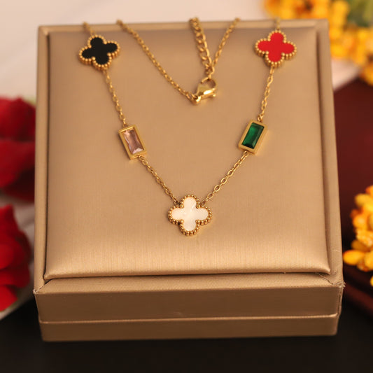 Trendy Charms Multi Color Stones Chain Gold Plated – Single Layer, Anti-Tarnish, Waterproof, Minimalist Style (GOLD)