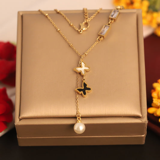 Butterfly White Stones Charm Chain Gold Plated – Single Layer, Anti-Tarnish, Waterproof, Minimalist Style (GOLD)