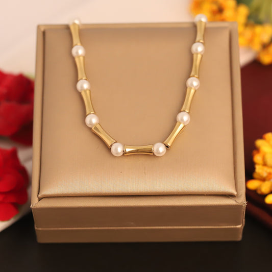 Trendy Charm Pearl Chain Gold Plated – Single Layer, Anti-Tarnish, Waterproof, Minimalist Style (GOLD)