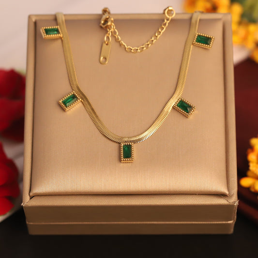 Green Stone Charm Snake Chain Gold Plated – Single Layer, Anti-Tarnish, Waterproof, Minimalist Style (GOLD)