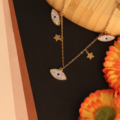 Evil Eye Charms White Stones Chain Gold Plated – Single Layer, Anti-Tarnish, Waterproof, Minimalist Style (GOLD)