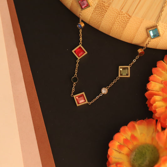 Zircon Multi Color Stones Chain Gold Plated – Single Layer, Anti-Tarnish, Waterproof, Minimalist Style (GOLD)