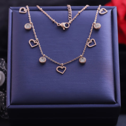 Heart Charms White Stones Chain Gold Plated – Single Layer, Anti-Tarnish, Waterproof, Minimalist Style (GOLD)