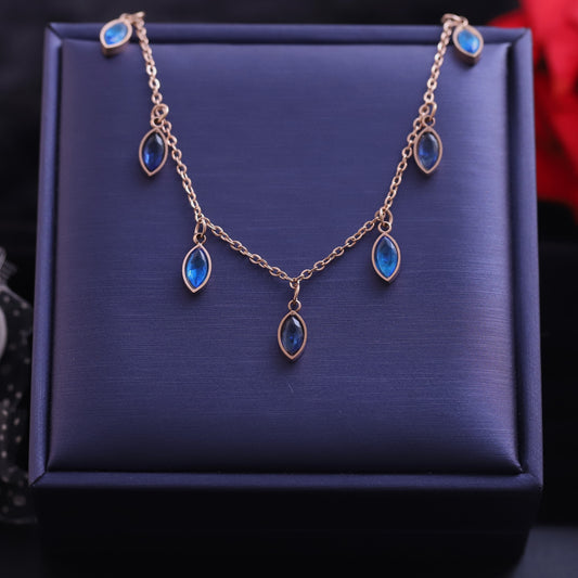 Drops Blue Stone Charms Chain Gold Plated – Single Layer, Anti-Tarnish, Waterproof, Minimalist Style (GOLD)