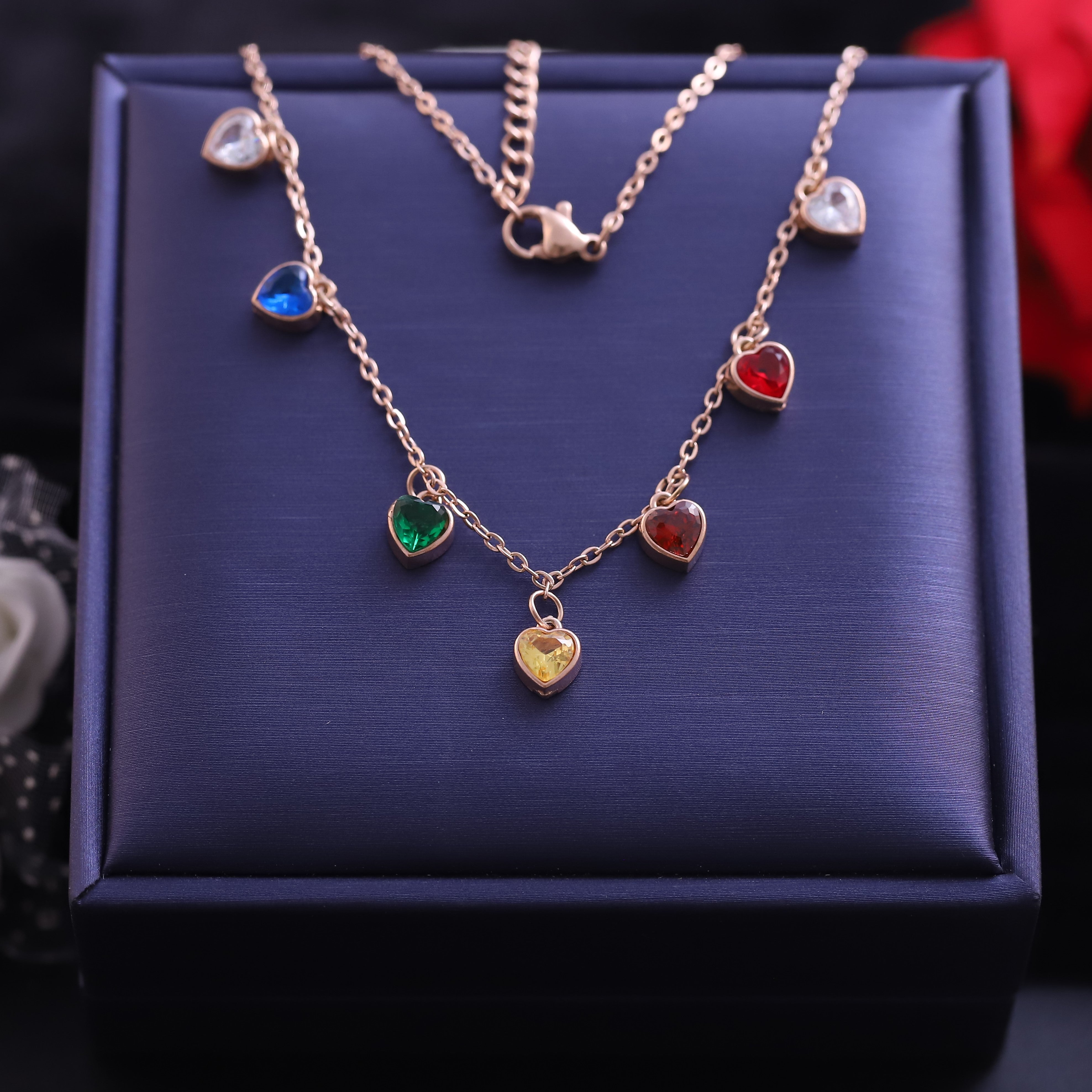 Zircon Heart Multi Color Charms Chain Gold Plated – Single Layer, Anti-Tarnish, Waterproof, Minimalist Style (GOLD)