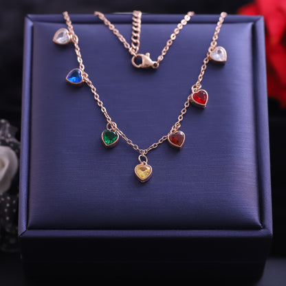 Zircon Heart Multi Color Charms Chain Gold Plated – Single Layer, Anti-Tarnish, Waterproof, Minimalist Style (GOLD)