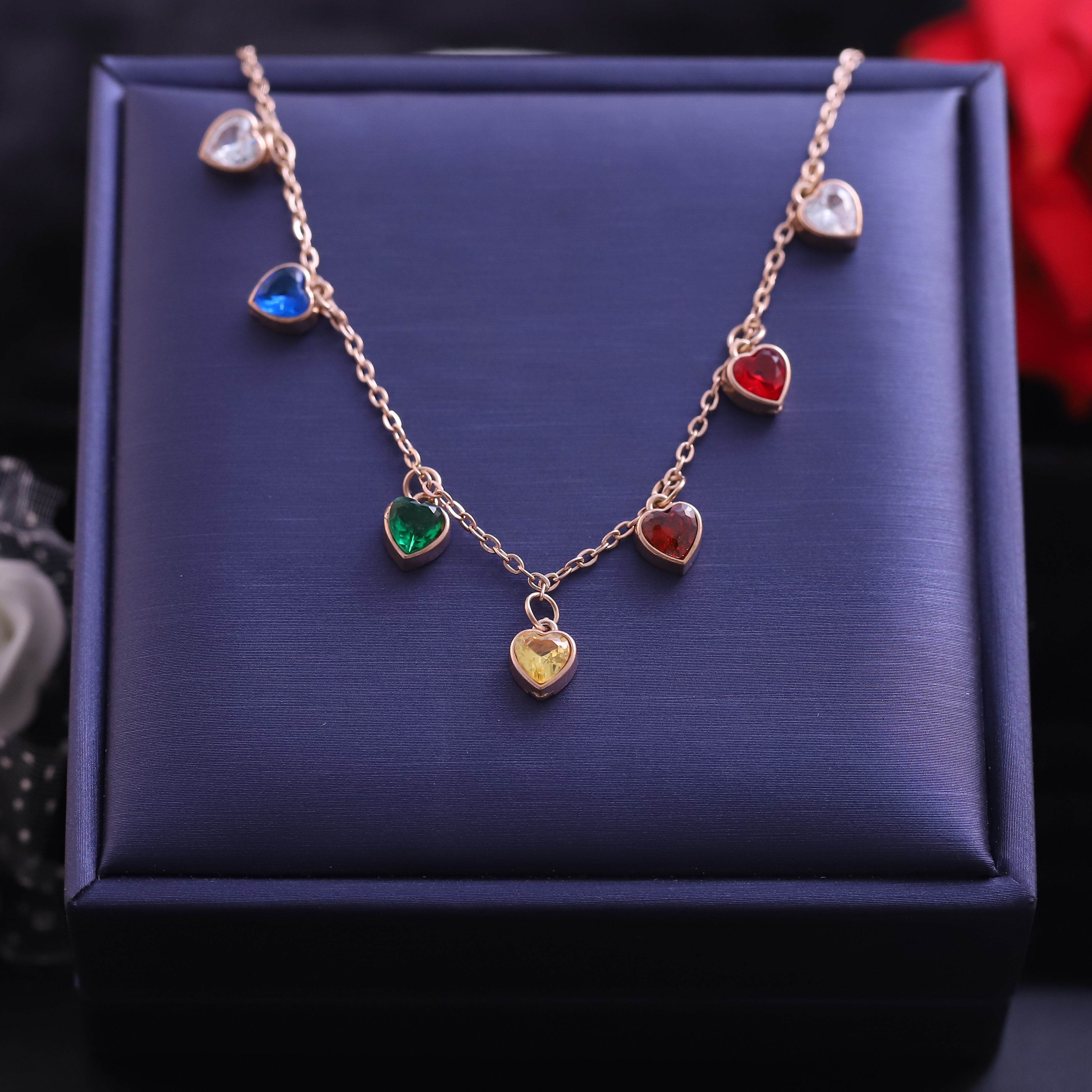 Zircon Heart Multi Color Charms Chain Gold Plated – Single Layer, Anti-Tarnish, Waterproof, Minimalist Style (GOLD)